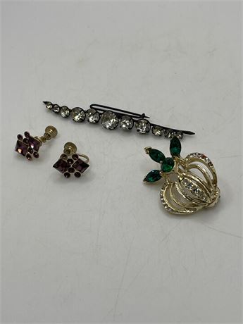 Vintage rhinestone brooch and earrings lot