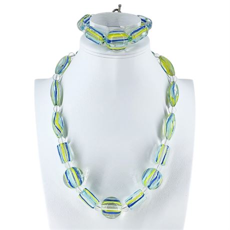 Artisan Made Chunky Striped Art Glass Necklace & Bracelet Set