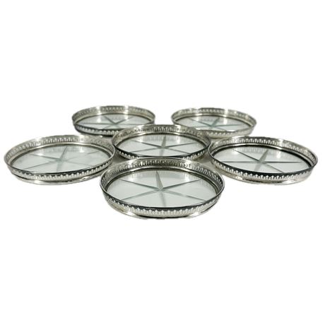 Set of Sterling Silver Rimmed Cut Glass Beverage Coasters