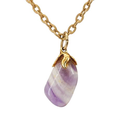 Vintage PRINCESS Polished Amethyst Pendant Necklace in Original Box