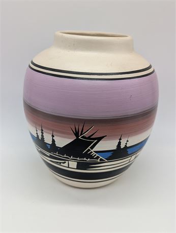 Vintage Navajo Native American Vase Signed Teepee Mountains Trees