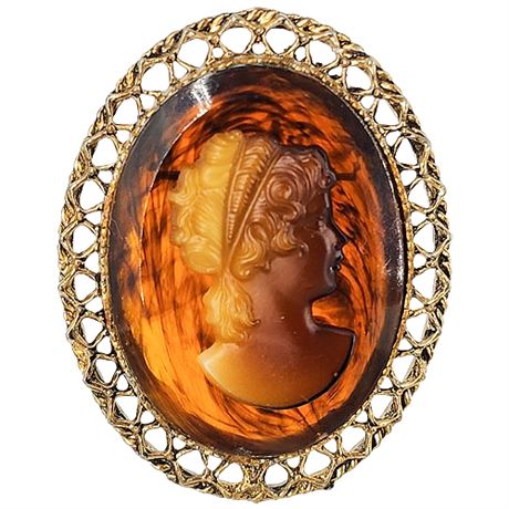 Vintage Faux Tortoise Shell Cameo Brooch