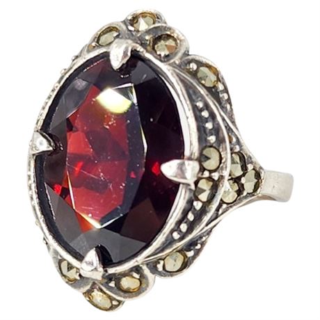 Vintage Sterling Silver Genuine Garnet Marcasite Cocktail Ring, Sz 6.75