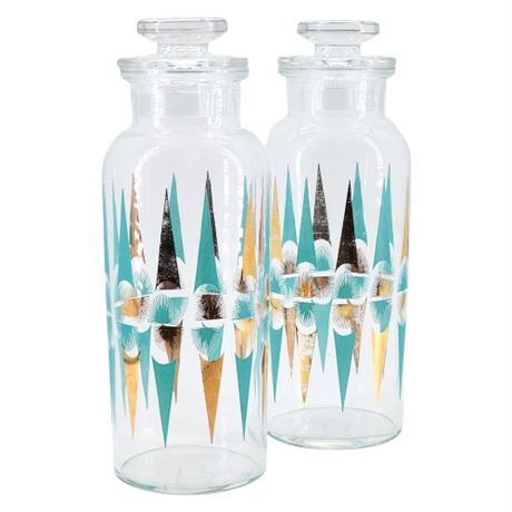 Pair Mid-Century Teal & Gold Patterned Glass Jars
