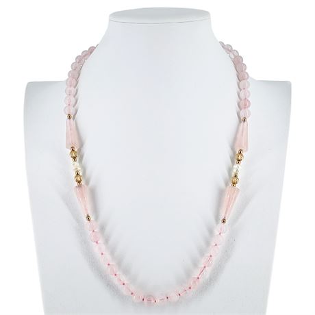 Hand-Knotted Rose Quartz, Freshwater Pearl, & Gold Toner Beaded Necklace