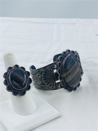 91g Vtg Navajo Sterling Ring + Cuff Bracelet Set