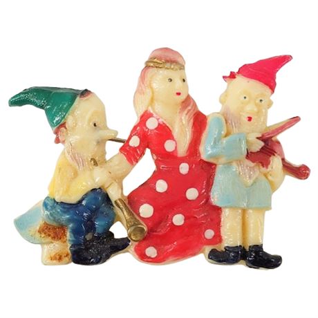 Vintage Celluloid Snow White & Gnomes Pin