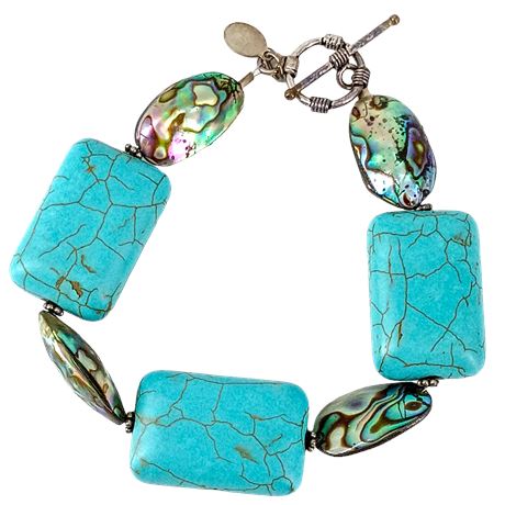 Donna Kessler Sterling Silver Turquoise & Abalone Link Bracelet