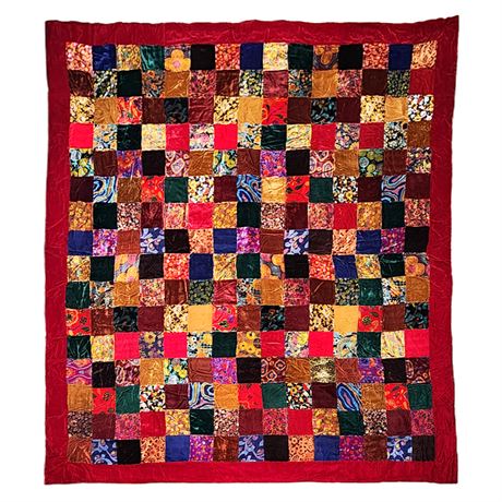 Vintage Handmade Plush Velvet Patchwork Quilt, Queen Size
