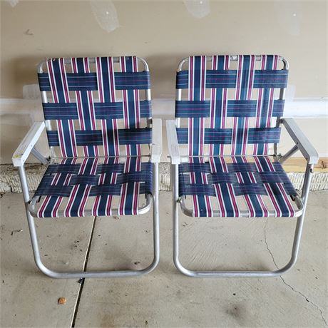 Pair of Sunbeam Blue, Red, and White Lawn Chairs