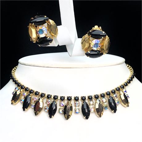 Vintage Black Gold & Aurora Borealis Rhinestone Necklace & Earring Set