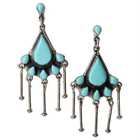 Vintage Mexico Sterling Silver Sleeping Beauty Turquoise Fringe Earrings