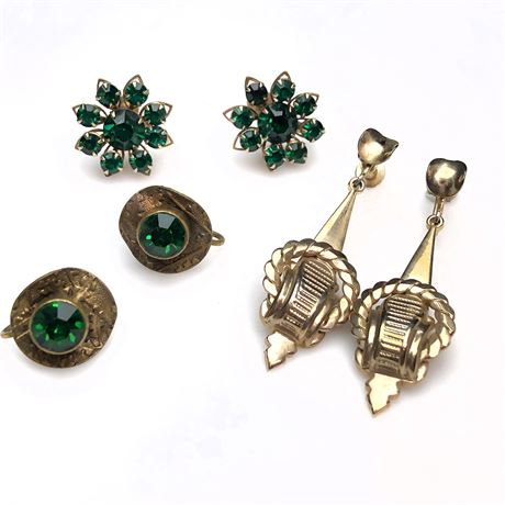 Vintage Green Rhinestone & Gold Tone Dangle Door Knocker Earrings