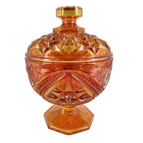 Vintage Imperial Marigold Carnival Glass “Hobstar” Covered Bowl