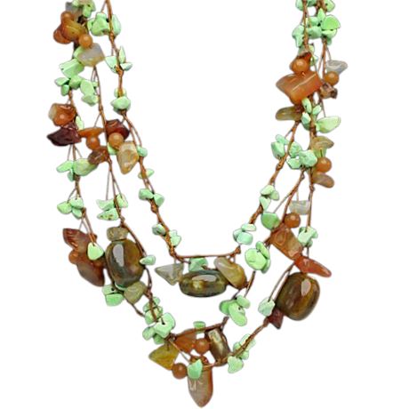 Triple-Strand Green Turquoise & Glass Beaded BOHO Necklace