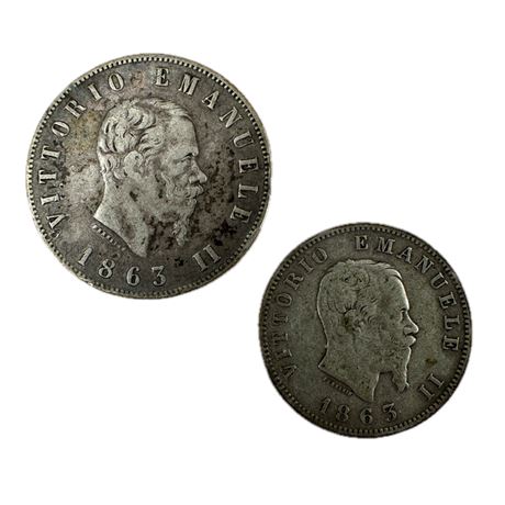 Pair of 1863 Italian 1 & 2 Lire Coins 83.5% Silver