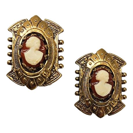 Pair Small Vintage Victorian Revival Cameo Brooches
