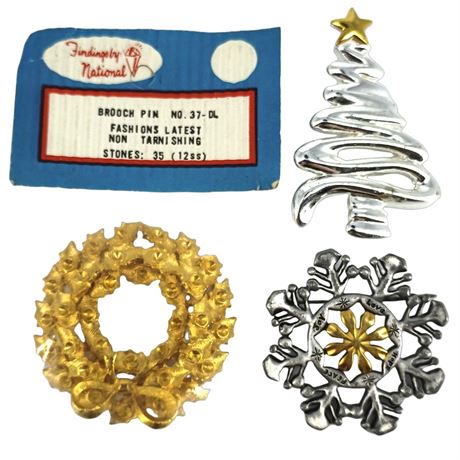 Vintage Holiday Brooch Trio - Christmas Tree, Snowflake & Wreath