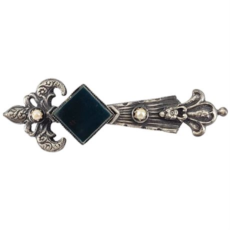 Vintage Victorian Revival Bloodstone & Pearl Brooch