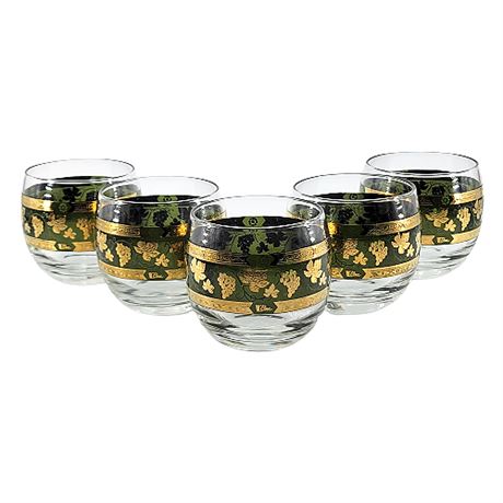 Mid-Century Cera Glass "Golden Grapes Green" Roly Poly Glasses