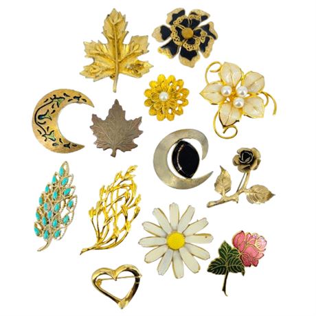 Vintage Lot of 13 Gold Tone Brooches
