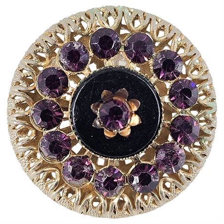Vintage Gold Tone Filigree & Purple Rhinestones Brooch