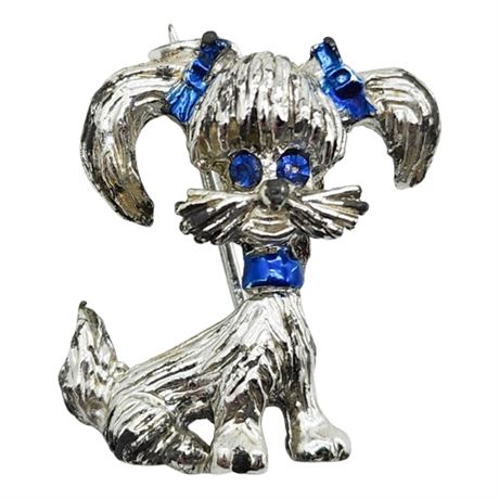 Vintage GERRY'S Pigtails Dog Mini Brooch w/ Rhinestone Eyes