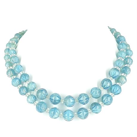 Blue Glass Bead Double Strand Necklace – Carved Beads with Rhinestone Clasp