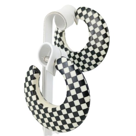 Black & White Checkerboard Hoop Earrings – Bold Retro Statement Dangles
