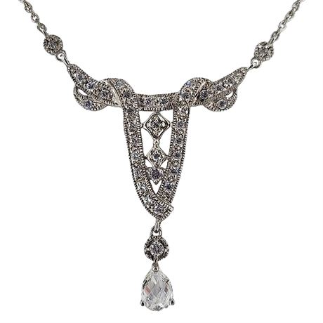 Signed MEDA/MILOR Art Deco Sterling Silver Crystal Lavalier Necklace