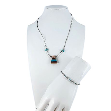Native Made Liquid Silver Stacked Gemstone Necklace & Bracelet