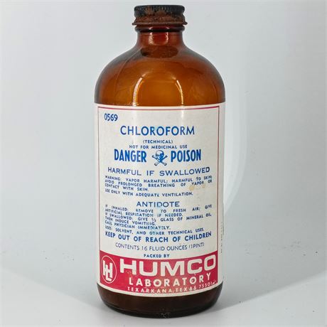 Vintage Humco Laboratory Chloroform Bottle – “Danger Poison” Label, Empty