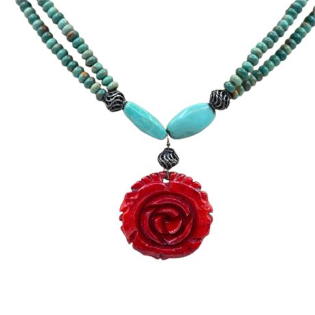 Turquoise Necklace with Red Wood Rose