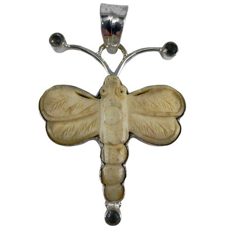 Artisan Sterling Silver & Camel Bone Dragonfly Pendant – 925