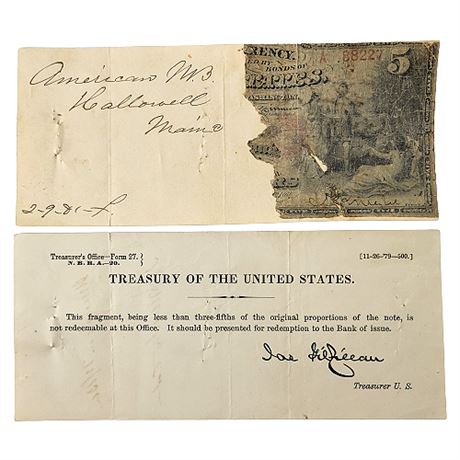 1861 Partial $5 Bank Note & 1879 Rejection Note from Treasurer James Gilfillan