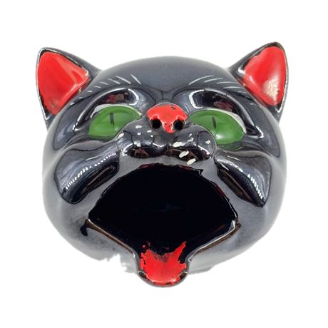Vintage Redware Stoneware Black Cat Ashtray & Figurine