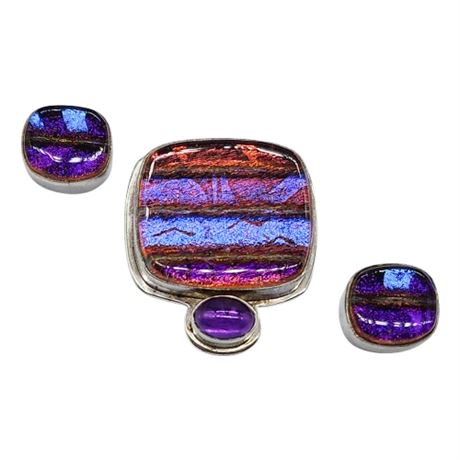 Artisan Made Sterling Silver Dichroic Art Glass Pendant & Post Back Earrings