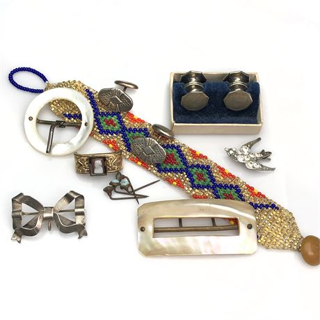 Antique Victorian Jewelry Lot- Cameo Pin, Cufflinks, MOP Buckles, Watch Brooch