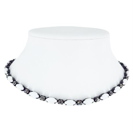 Vintage Milk Glass Navette & Rhinestone Black Choker Necklace