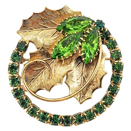Vtg Prong Set Uranium Glass & Green Rhinestone Circle & Leaves Brooch