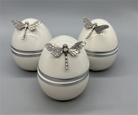 3 Porcelain Eggs With Applied Dragonfly