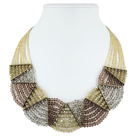 Multi-Strand Neutral Crystal Beaded Bib Necklace