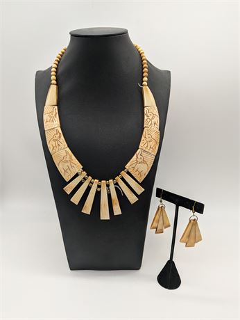 Vintage Hand carved Elephant Necklace + Pierced Earring Set