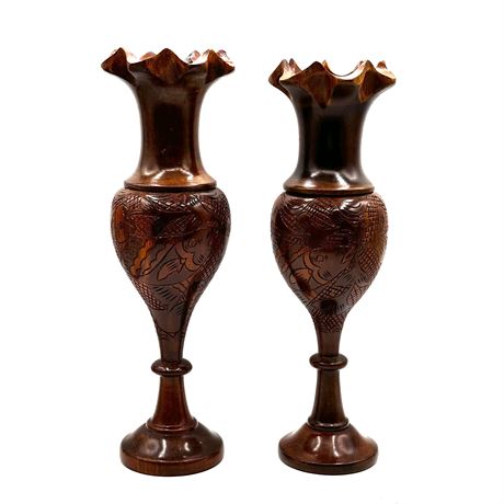 Intricately Carved Wood Vases