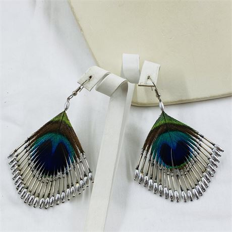 Beautiful Vtg Peacock Feather Sterling Earrings