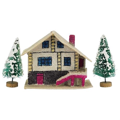 Mid-Century Czech Putz Style Mica Glitter House & Mini Bottle Brush Trees