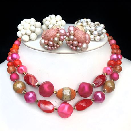 Vintage Signed Japan Pink Multi-Strand Necklace & Earrings Lot