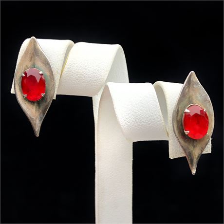 Vintage Red Rhinestone Sterling Silver Earrings