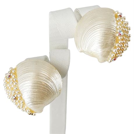 Vintage Pearlescent Shell & Faux Seed Pearl Clip Earrings