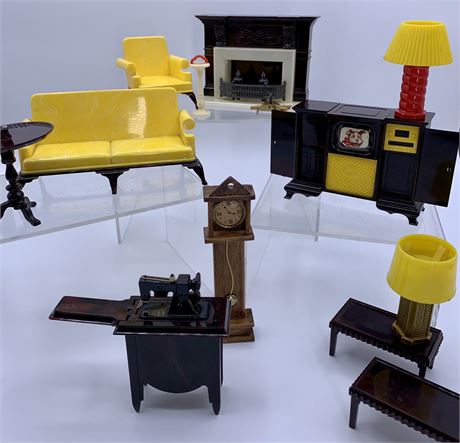 13 pc Mid Century IDEAL Doll House Living Room Furniture, Fireplace, Seating